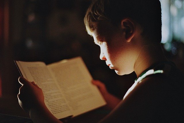 zdjęcie przedstawia chlopca czytającego książkę